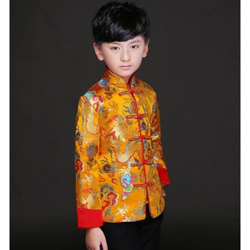 Kid China dragon silk cotumes of the Tang Dynasty for boys children Chinese traditional garments jacket costume pants for children boy clothing